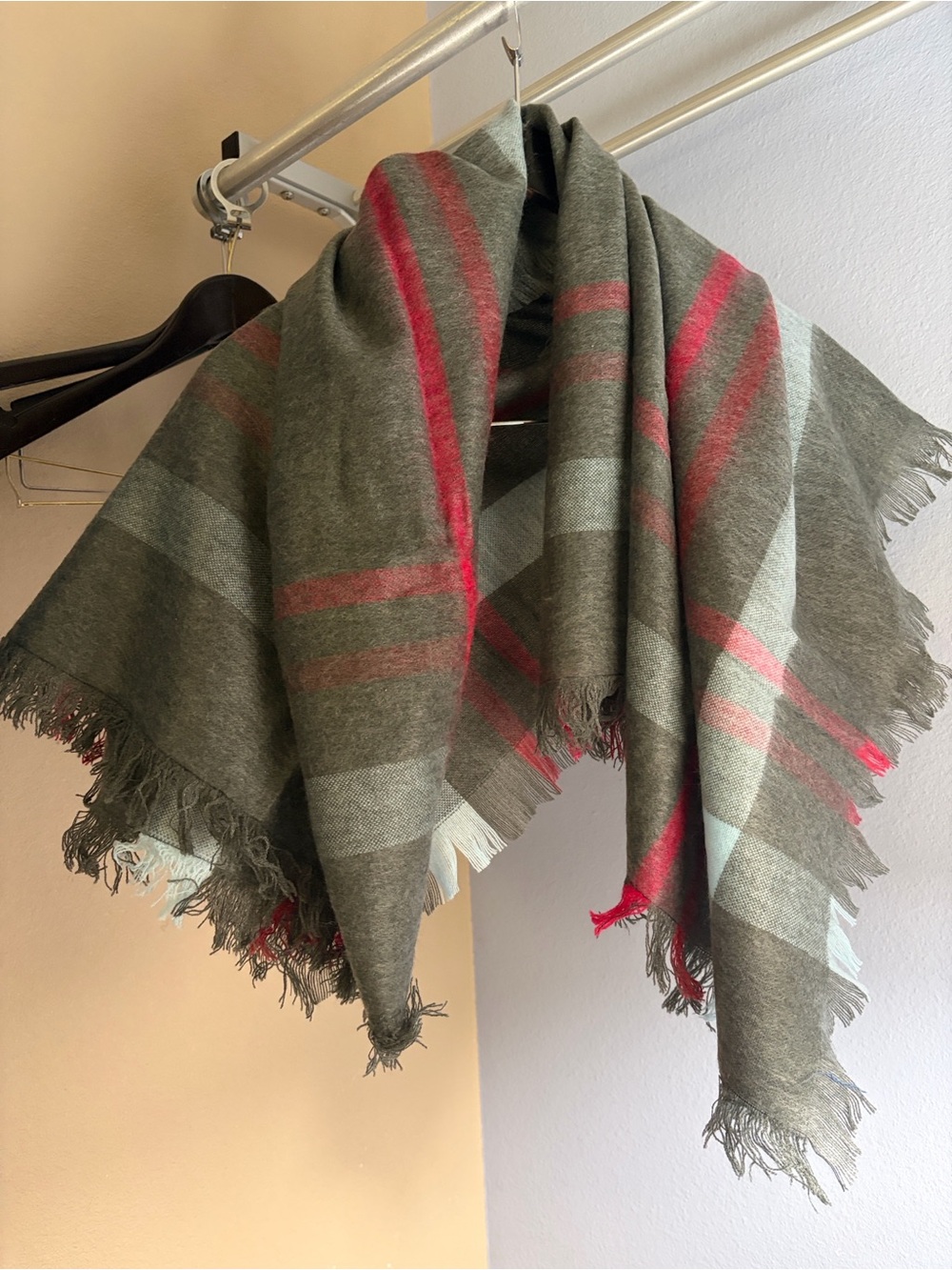 Charcoal Grey Plaid Fringed Square Scarf with Red and Baby Blue Accents